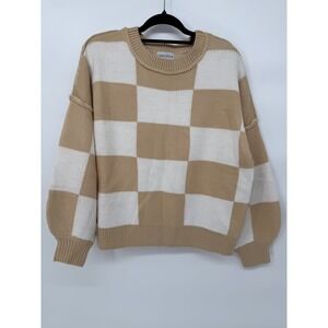 Grace Rose Checkerboard Knit Sweater Beige White Crew Neck Long Sleeve Size S‎